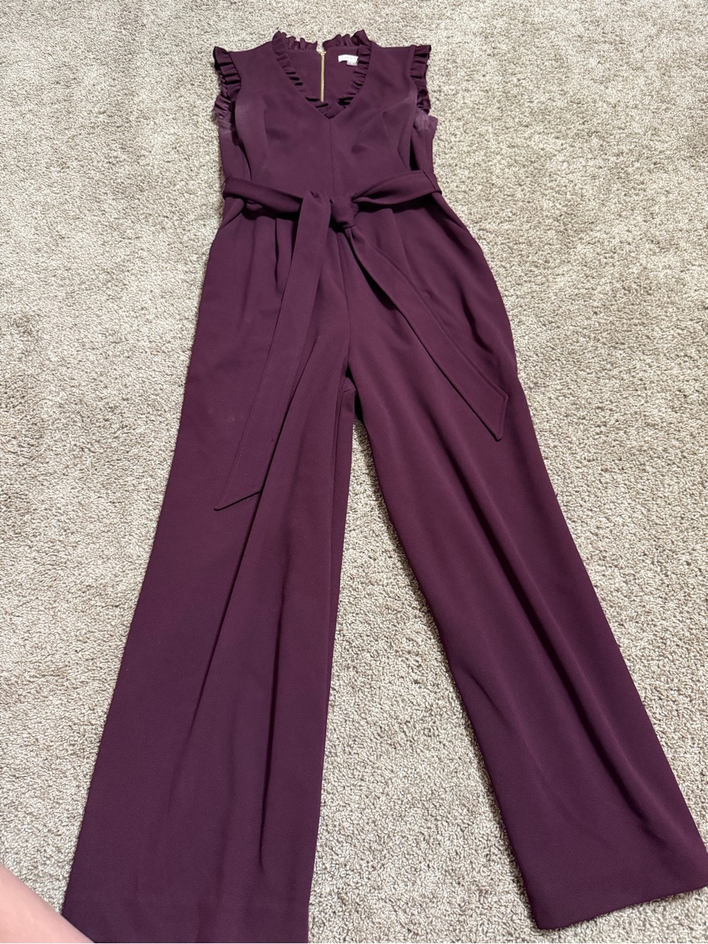 Calvin Klein Plum Sleeveless V-Neck Wide-Leg Jumpsuit with Tie Waist